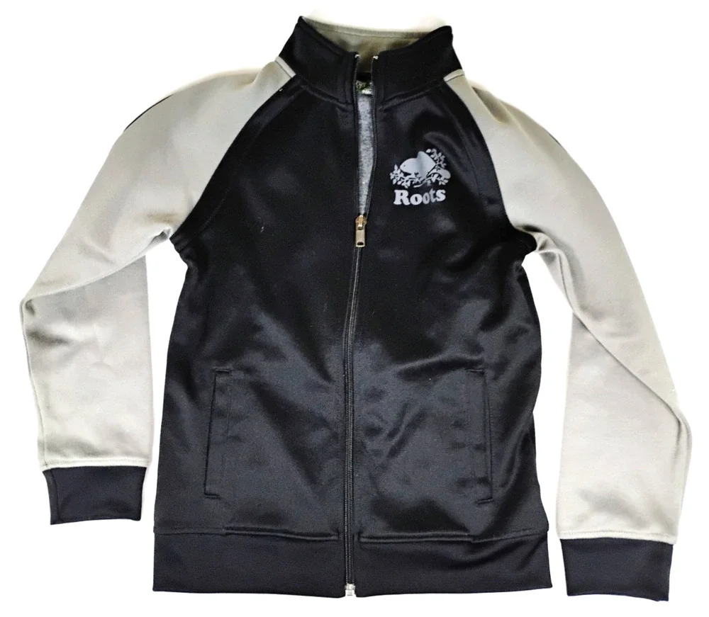 Roots Kids Track Jacket Boys M 7 8 Full Zip Raglan Athletic Pockets Black Gray